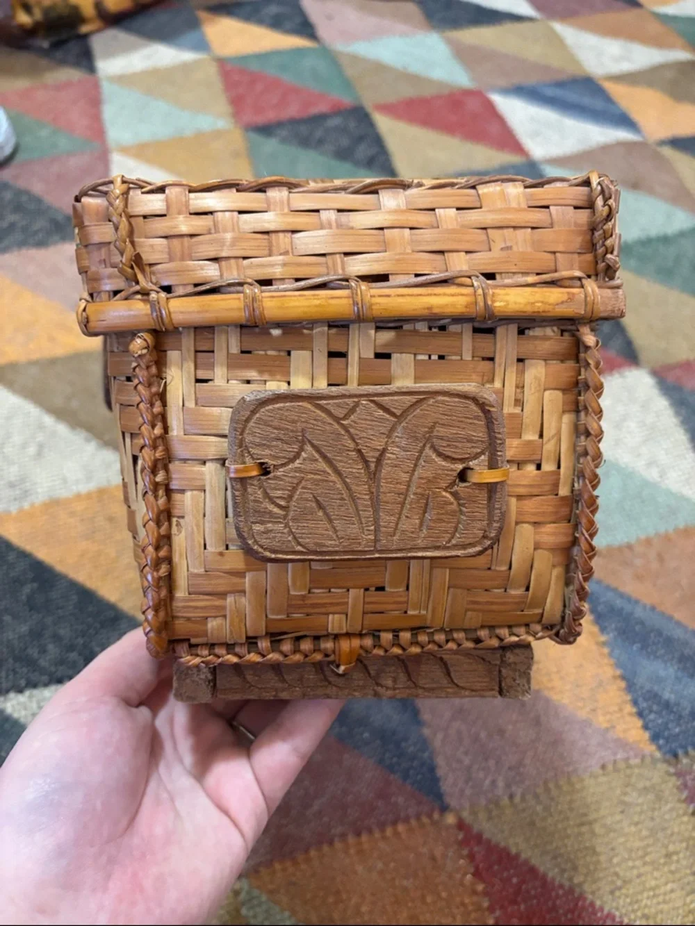 Woven Rattan Basket in Natural Tan With Wood Accents Boho Rustic